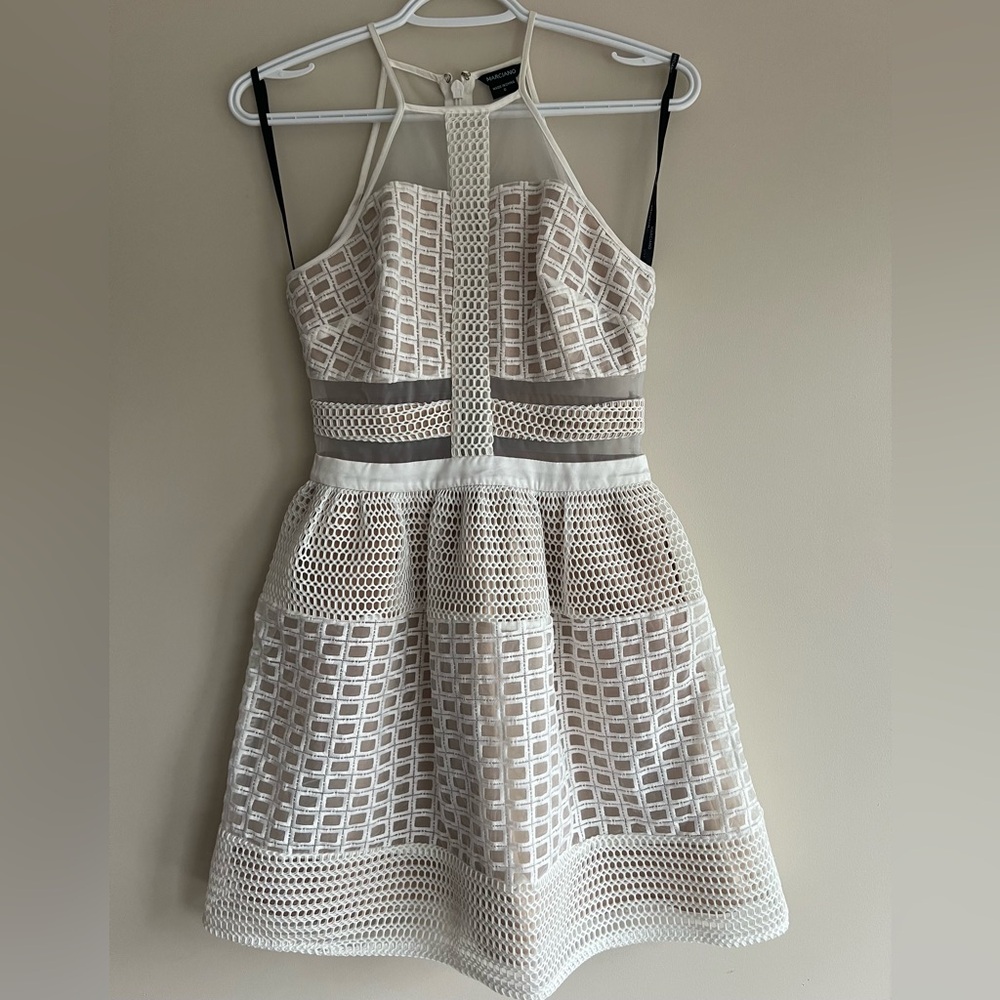 Marciano Beige and White Lace Mesh Detail Dress